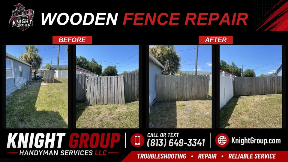 Wooden fence repair before and after — handyman project photo in Pinellas County FL by Knight Group