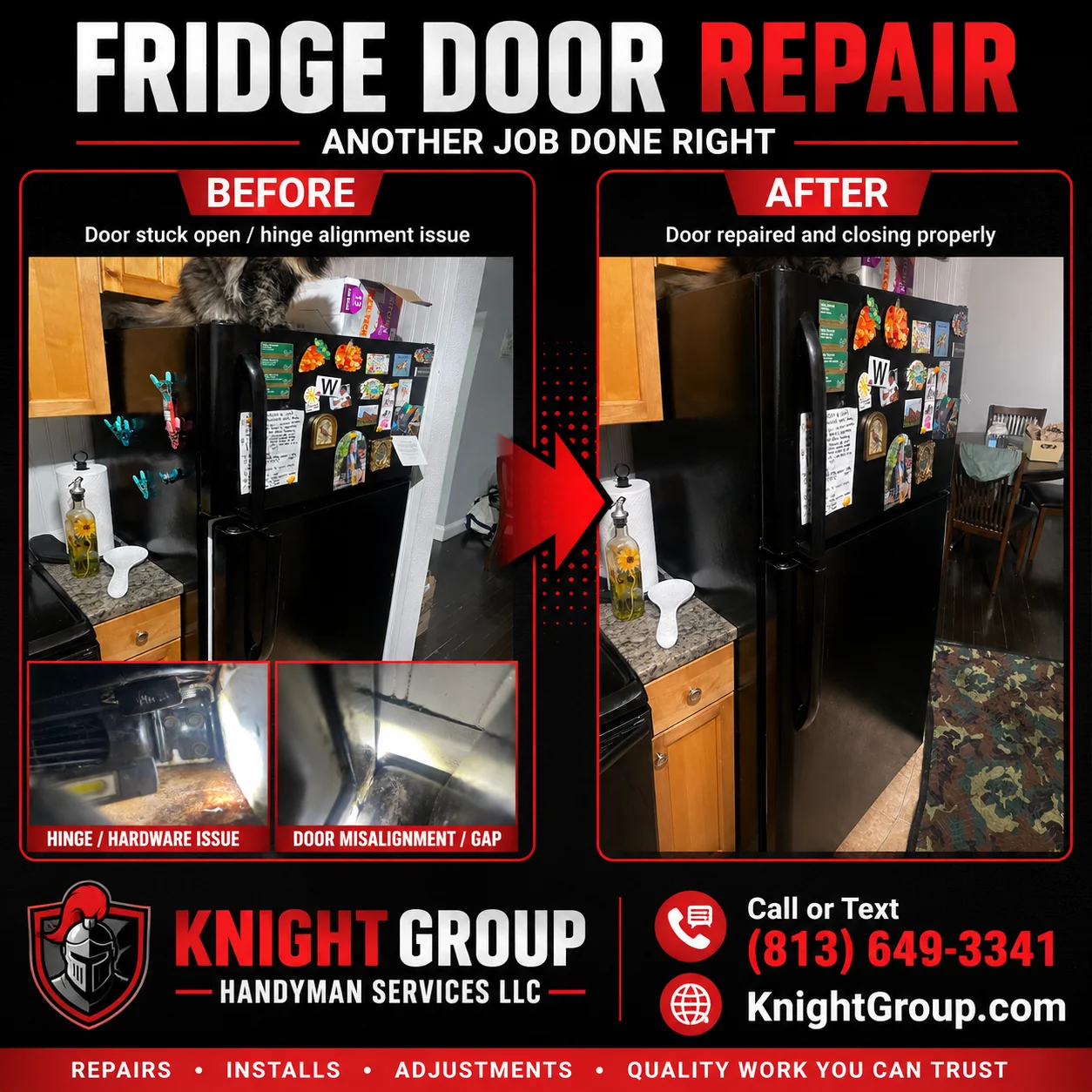 Refrigerator door alignment before and after — handyman project photo in Pinellas County FL by Knight Group